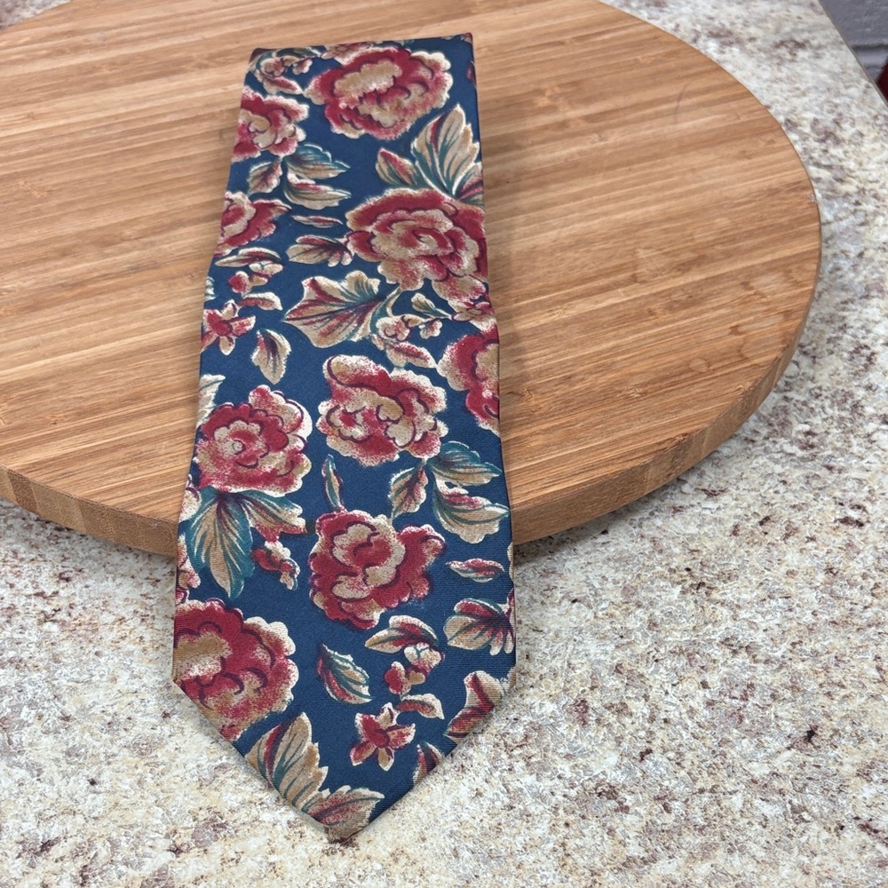 Christian Dior Navy Tie with Red Floral and Gold and Blue Accents